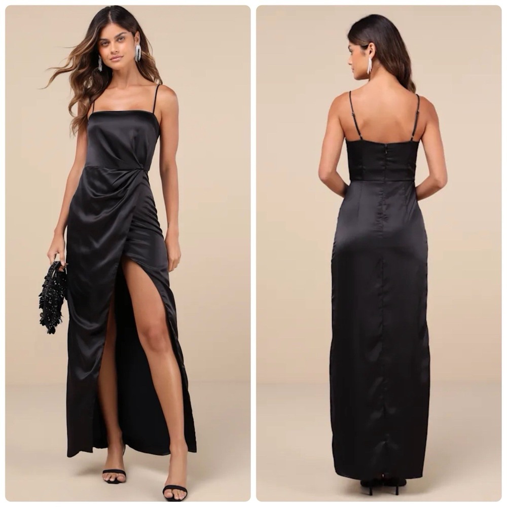 Lulus Maxi Dress Size M Stunning Expression Black Satin Pleated Tulip Formal NEW